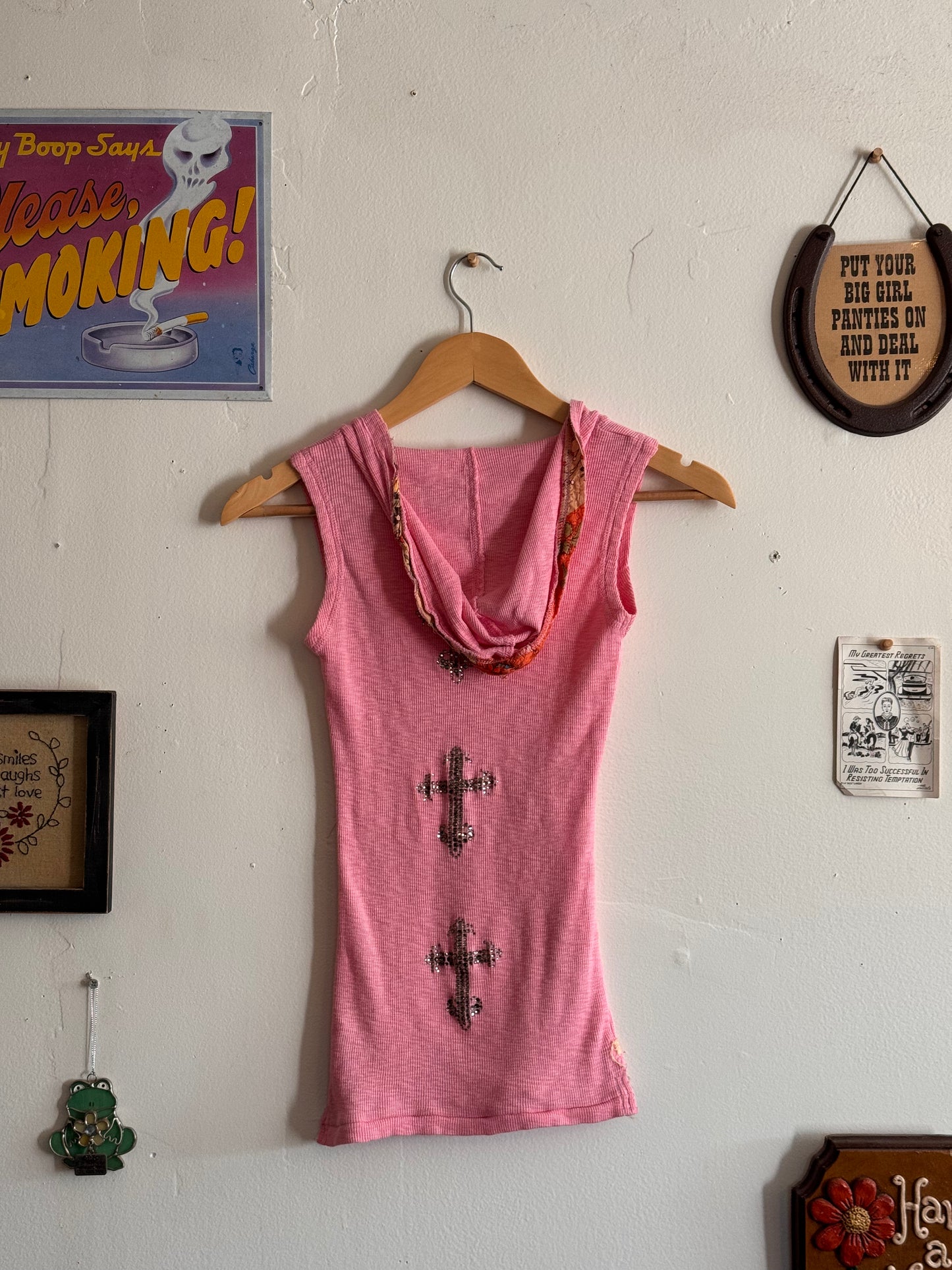 2000s Pink Bedazzled Cross Hood (XS)